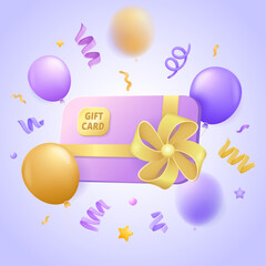 Gift certificate with ribbon, confetti, and balloons. Voucher, coupon for birthday, holiday, or special promotion. Isolated festive reward card for sale banner and marketing. 3d vector illustration.