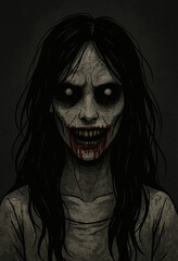 A chilling AI-generated digital illustration of a ghostly woman with eerie eyes and a haunting presence. Perfect for horror themes, dark fantasy, and gothic art.