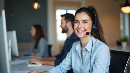A smiling call center employee wearing a headset, exuding a warm and approachable demeanor, working at a desk with colleagues in the background