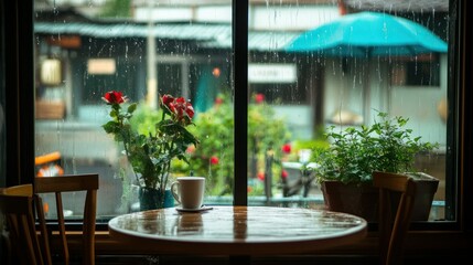 Rainy day scene with table, chairs, and window with potted plants.