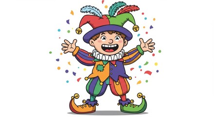 Naklejka premium April Fools Jester Cartoon Fun - Joyful jester celebrates April Fools' Day, symbolizing fun, laughter, pranks, surprises, and festive cheer