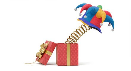 Naklejka premium Surprise Jester Hat in Gift Box - A colorful jester hat springs from a red gift box, a fun and playful perfect for holidays or celebrations