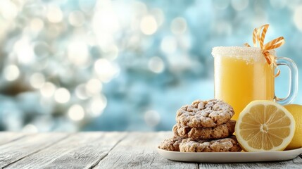 A vibrant image showcasing a frosty glass of lemonade alongside delicious cookies and a fresh lemon slice, perfect for summer refreshment and enjoyment.