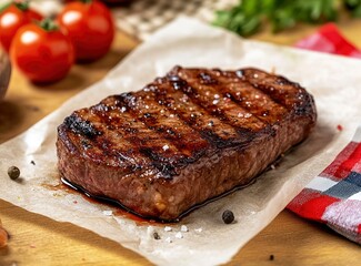 Grilled Beef Steak with Tomato and Herbs on Wooden Board Ready