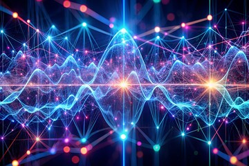 Obraz premium Futuristic Neural Network with Glowing Pulse Lines on Dark Background