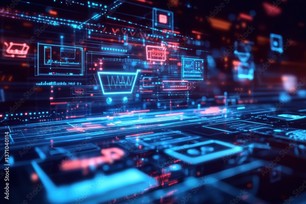 Poster futuristic e-commerce digital landscape with floating shopping icons and neon blue cybernetic elemen