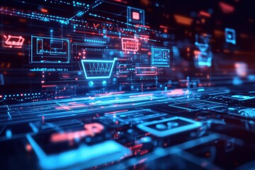 Futuristic e-commerce digital landscape with floating shopping icons and neon blue cybernetic elements in a high-tech online marketplace