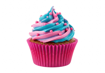 A single cupcake with pink and blue swirled frosting topped with pink sprinkles isolated on transparent background