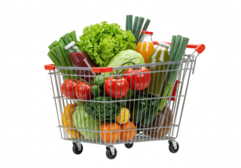 A metal shopping cart filled with fresh vegetables and bottles of juice isolated on transparent background