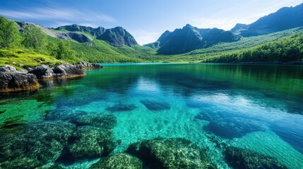 A serene mountain lake with crystal-clear waters showcases the stunning landscape, reflecting surrounding greenery and evoking a deep sense of peace, adventure, and natural beauty.