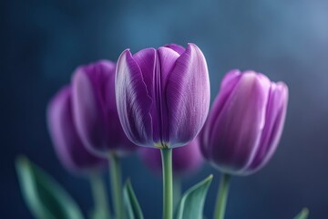 Naklejka premium Close Up of Purple Tulip Blossoms with Soft Lighting and Dark Background