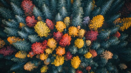 Aerial view of a colorful autumn forest with trees in shades of red and yellow.