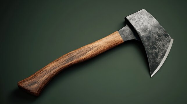 A close-up of a rustic axe with a wooden handle and a steel blade.