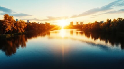 A serene view of a river reflecting the warm hues of sunset, surrounded by autumn foliage, creating a tranquil atmosphere emphasizing nature's beauty and calmness.