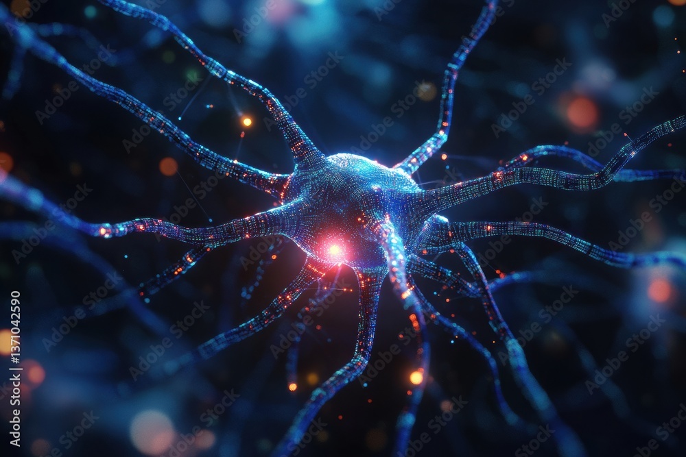 Poster Futuristic AI-inspired digital background with glowing neural connections and intricate circuit patterns in deep blue tones