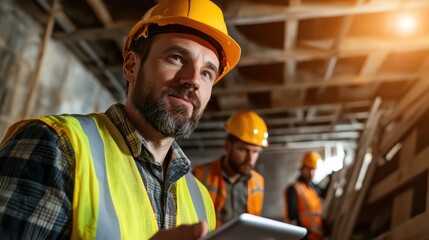 A focused construction worker using a tablet to oversee operations at a job site, exhibiting dedication and efficiency amidst a team of colleagues preparing for important work.