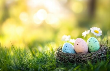 Obraz premium Easter Eggs in Nest on Green Grass with Daisies Outdoors