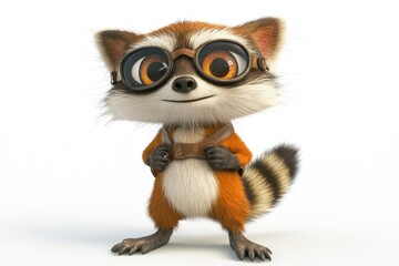 Smiling Raccoon Character Wearing Goggles Ready for Adventure on White Background