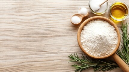An artistic arrangement of flour, olive oil, and fresh herbs such as rosemary on a wooden table represents the essentials needed for creating delicious and healthy meals.