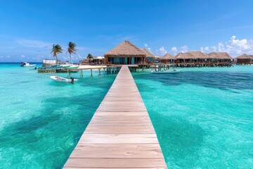 A boardwalk leads to stilted huts over vibrant turquoise water under a sunny blue sky