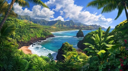 A dramatic tropical cliffside with lush greenery meeting deep blue ocean waves.