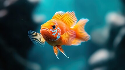 A beautiful goldfish captured in motion, swimming gracefully through tranquil waters, displaying its stunning colors and elegant fins, set against a bokeh background.