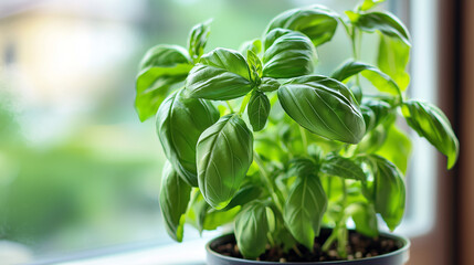 Obraz premium Abasilplantgrowingbrightgreenleavesinkitchenwindowpot