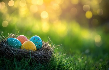 Obraz premium Colorful Easter Eggs in Nest on Grass with Bokeh Background