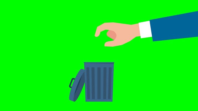 Businessman's hand throwing dollar USD currency into trash can throws. Gold dollar coins fall. The hand of a person throws dollar coin into trash can. 2d flat animation. Alpha channel 