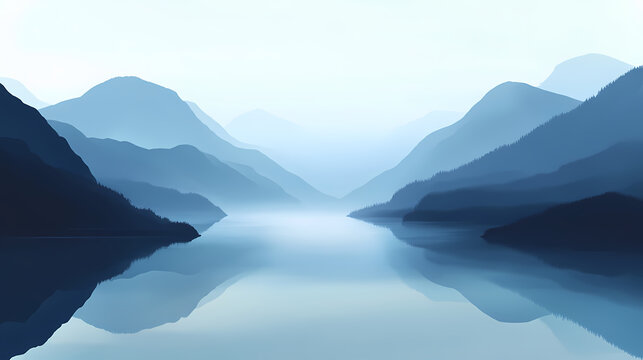 A serene landscape showcasing a calm, misty lake at dawn. soft blue tones dominate the scene, creating a tranquil atmosphere amidst the surrounding mountains. Wistful Horizon. Illustration