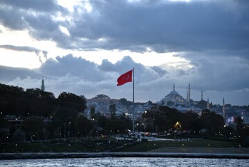 Istanbul Türkiye with flag viewed from the sea 
