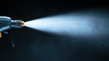 Spray nozzle spraying mist against black background in close-up view