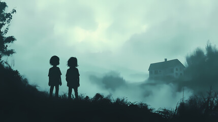 Silhouetted children gazing at distant building in foggy landscape serene silhouette view. Wistful Horizon. Illustration