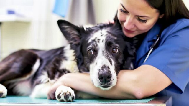 Female veterinarian hugging and comforting border collie mix dog on examination table at veterinary clinic. Camera zooms out from caring vet doctor embracing dog patient during recovery and vet visit