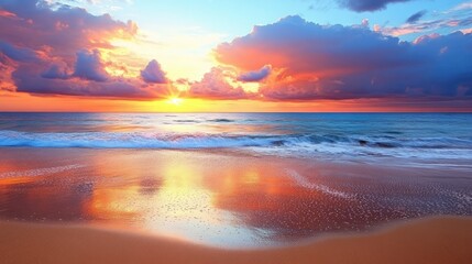 Fototapeta premium A tropical sunset reflected in the wet sand of a secluded beach with gentle waves.