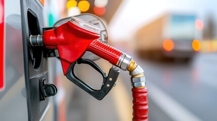 A red fuel nozzle at a gas pump captures the essence of refueling vehicles, symbolizing the transportation and energy industry.
