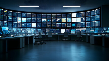 Modern Control Room With Many Screens
