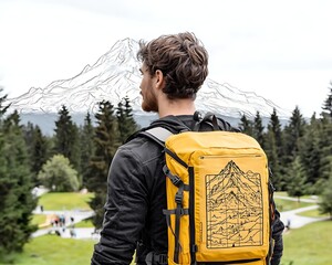 Hiker views mountain peak.