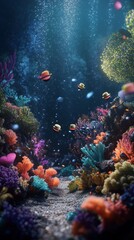 Obraz premium Vivid coral reef teeming with colorful fish.