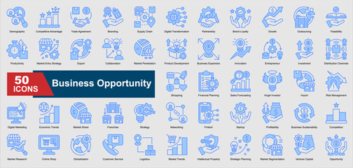 Business Opportunity Icon Collection Set. Demographic, Competitive Advantage, Trade Agreement, Branding, Supply Chain, Digital Transformation, Partnership icon. Blue Style Vector Ilustration