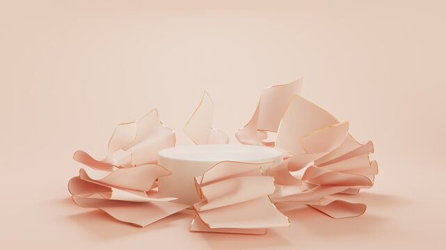 Cylinder podium surrounded ribbons on pink background. 3d rednered illustration