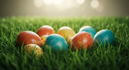Colorful Eggs Scattered in Green Grass Easter Holiday Celebration Scene