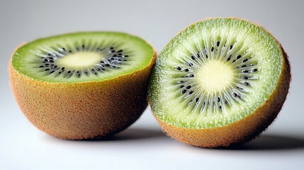 A fresh kiwi cut in half, placed at an angle to emphasize the soft interior and fibrous brown skin, highly detailed, isolated on solid white background.