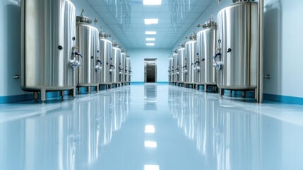 A corridor lined with sleek, shiny steel tanks showcases a modern industrial environment emphasizing cleanliness and precision in design, ideal for production spaces.