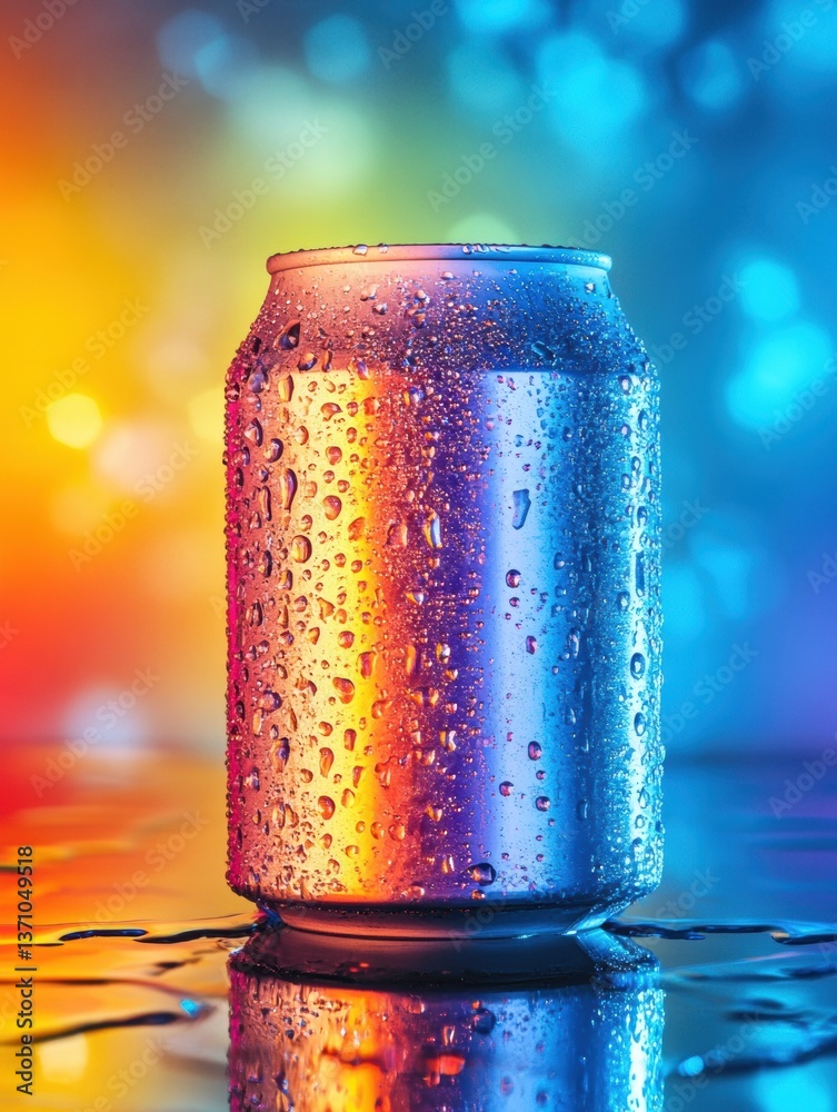 Poster classic soda can with condensation against a bold, colorful background creating high contrast reflec