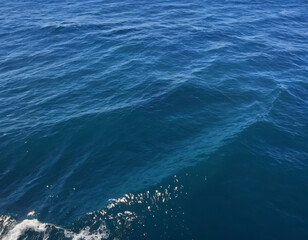 Ocean water surface with gentle waves, deep blue tones, sunlight shimmering on the surface, high-detail photography