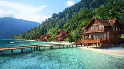 Naklejka premium Exclusive beachfront resort with floating villas connected by wooden bridges over clear blue water.