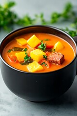 Spicy Mango Soup with Bowl, and Food.