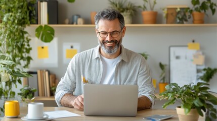 Embracing Remote Work, A Former Office Worker Thriving at Home with a Laptop and Natural Surroundings