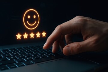 Customer Experience: A person interacting with a laptop, a glowing interface, and an emphasis on positive feedback, representing digital satisfaction.